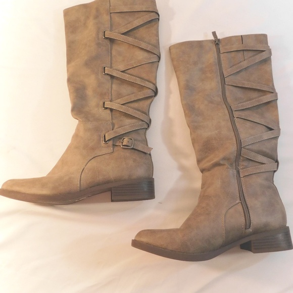 Taupe Knee-High Boots with Criss-Cross Strap Detail – Women’s Size 8 - Picture 1 of 6